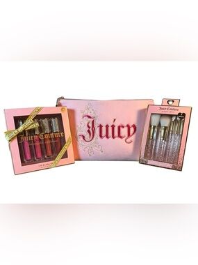 Juicy Couture Pink Cosmetics Bag, 4pc Lip Gloss & 5pc Cosmetics Brush Set Bundle